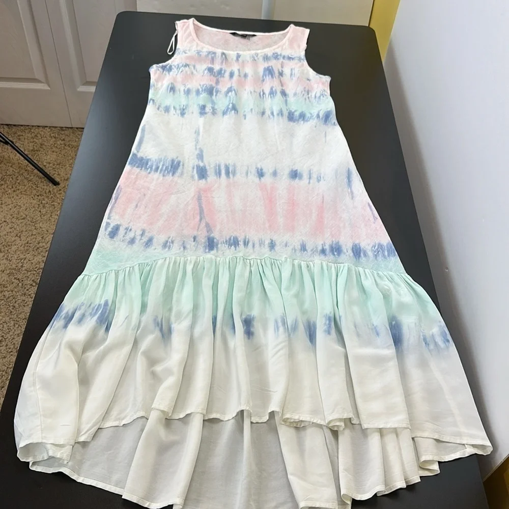 Charlie B Linen Ruffle Hi Low Hem Dress M Tie Dyed Pastel Pink Blue‎ Slee…